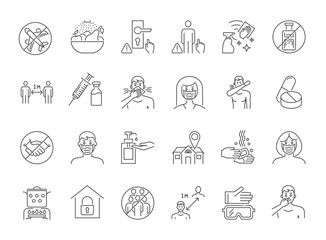 Coronavirus Prevention thin line vector icons. Isolated on a white background. Contains such Icons as Washing Hands, Outbreak Map, Man and Woman Wearing Face Mask and more. Editable Stroke.