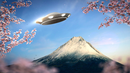 UFO flying above Fuji mountain have sakura cherry blossom in foreground and natural sky in...