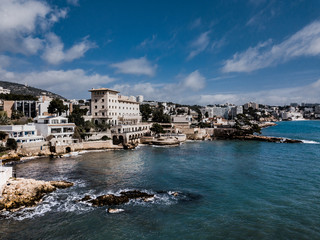 Fototapeta premium Spain Mediterranean Sea coast Majorca beach in Calvia, Calo des Macs, Cas Catala in Palma de mallorca island. Aerial view