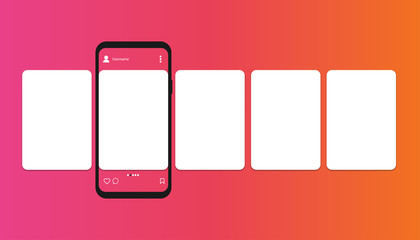 Social media carousel with smartphone. Modern design concept. Blank post for social network. Isolated template with mobile device. Illustration of media stories in frame. Vector EPS 10. - obrazy, fototapety, plakaty