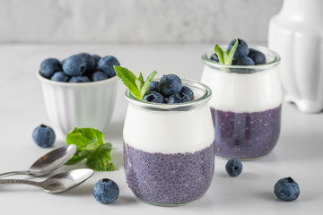 Blueberry chia pudding with vegan coconut yogurt and fresh berries with mint in glasses for healthy...