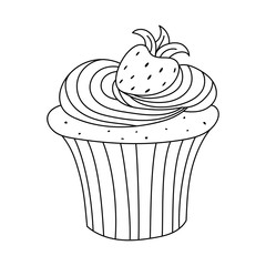 Cute cupcake in flat style with whipped cream and strawberry on top.