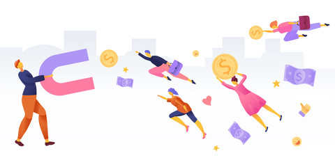 Business people social media concept. Man attracting likes, money, feedback and followers with huge magnet in internet. 