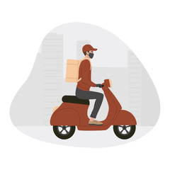 Concept of online delivery, quarantine time, courier in a respiratory mask rides a moped in the city. Vector illustration, in flat style, white isolated background.