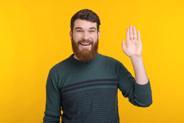 Adult male is saying and showing hi gesture smiling at the camera on yellow background.