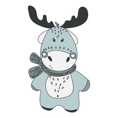 Doodle Christmas element of christmas cute cartoon deer in a scarf. Vector item. Stock illustration with new year decor isolated on white background. Design for prints, cards, textile ets.