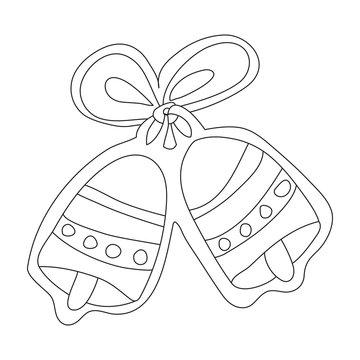 Doodle Christmas element of christmas toy of Christmas bells with bows. Vector outline item. Stock illustration with new year decor isolated on white background. Design for prints, cards, textile, col