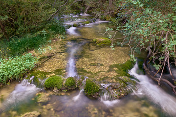 Arroyo fluyendo entre rocas cubiertas de musgo