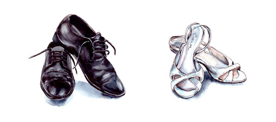 hand-drawn watercolor illustration. shoes - women's white summer shoes and black men's shoes. shoes for the holiday