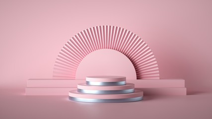 3d render abstract pink fashion background. Empty stage, cylinder podium steps, vacant pedestal. Shop display, showcase, product stand. Copy space, round arch minimal mockup. Art deco style