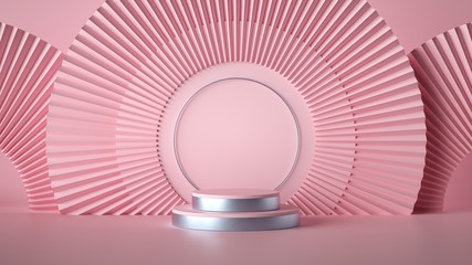 3d render abstract pink fashion background. Empty stage, cylinder podium steps, vacant pedestal. Shop display, showcase, product stand. Copy space, round arch minimal mockup. Art deco style