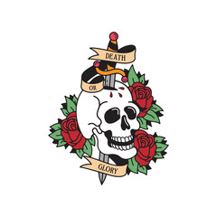 Old school tattoo emblem label with skull dagger rose symbols and wording death or glory. Traditional tattooing style ink.