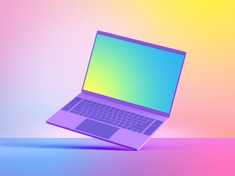3d render laptop computer mockup with blank screen, electronic mobile device isolated on colorful pastel background, illuminated with soft neon light. Modern technology concept. Digital illustration