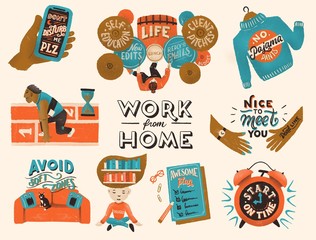 Set of illustrations Work from home - multitasking, self-organization, efficiency, freelance
