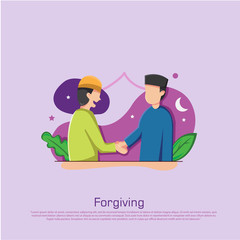 Son and friends Forgiving Each Other On Eid Al Fitr Day, Muslim Celebration Day Vector Illustration, Simple Design, vector.