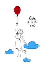 Vector illustration. Continuous line drawing beautiful woman with red air balloon and blue clouds. Cute young girl one line sketch on white background. Concept greeting card, banner, poster, flyer