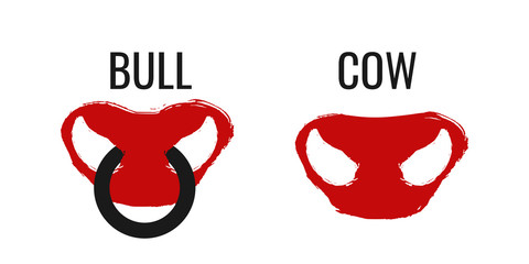 Vector Symbol of 2021 Chinese New Year of the Ox, Bull. Calendar poster red ink brush drawn snout. Hand written ox nose with ring on white background. Happy New Year card or banner design element.