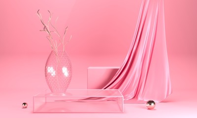 Round podium on pink pastel background. Elegant pink silk fabric round pedestal. 3d render illustration. Empty pedestal, stand for mockup products. Copy space on delicate luxurious satin platform
