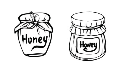 Jars of honey isolated on a white background. Bee honey. Strengthening the immune system. Hand drawn vector illustration in Doodle style