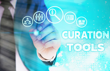 Writing note showing Curation Tools. Business concept for Software used in gathering information...