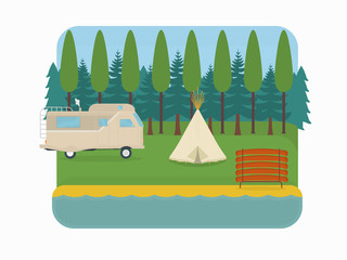 Camping landscape illustration, van, forest, tipi tent, canoe