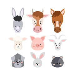 Farm animals faces set isolated on white background.
