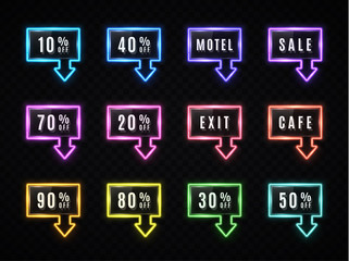 Neon rectangle arrow sale banner set on dark transparent background. Glowing square light frame design with text. Color retro discount night sign Led tube technology pointer Bright vector illustration