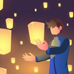 lantern festival and muslim man character concept with night background. ramadan kareem