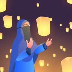 Lanterns festival and muslim girl character concept with night background 
