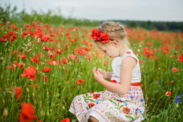 Ukrainian Beautiful girl in vyshivanka with wreath of flowers in a field of poppies and wheat. outdoor portrait in poppies. girl in embroidery.
