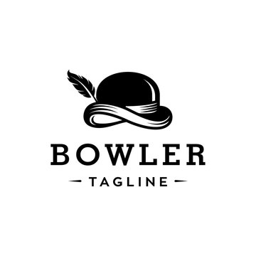 bowler hat and feather vector logo, classic black fashion icon in realistic style 