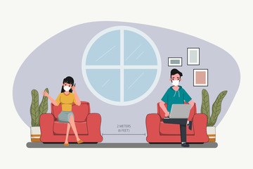 People maintain social distancing. Stop covid-19 coronavirus. New normal lifestyle in job. Interior design cartoon character.
