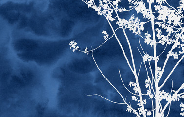 Hand painted botanical image. Decorative picture for creative design of cards, invitations, banners, websites, posters. Beautiful artwork. White trees, blue background. Horizontal illustration.