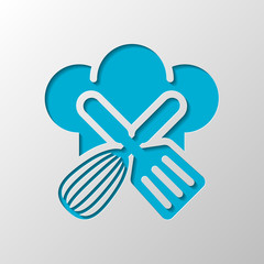 Chef hat and tools. Kitchen logo, simple icon. Paper design. Cut