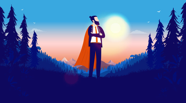 Superhero businessman - Corporate hipster man in red cape standing in nature landscape with sunrise in background. Business hero, invincible and courage concept. Vector illustration.