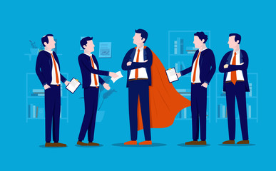 Office superhero - Businessman in cape at workplace with colleagues being the hero of the day. Best worker, great performance, and motivational concept. Vector illustration.