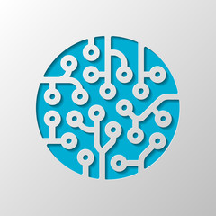 CPU round chipset, computer chip. Technology icon. Paper design. Cutted symbol with shadow