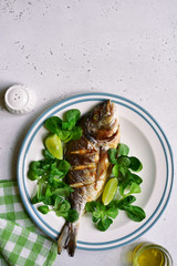 Grilled dorado or sea bream. Top view with copy space.
