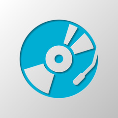 Vintage vinyl, audio disc, dj player. Simple icon, music logo. Paper design. Cutted symbol with shadow