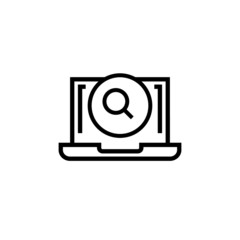 Laptop icon with research sign in lineart style on white background, Notebook icon and explore, find, inspect symbol 