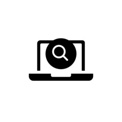 Laptop icon with research sign in black flat on white background, Notebook icon and explore, find, inspect symbol 