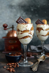 Tiramisu - traditional italian dessert with mascarpone cheese, biscuit and coffee.