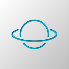 Planet with line of orbit, outline linear icon. Paper design. Cutted symbol with shadow