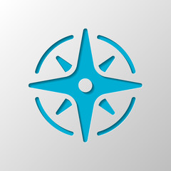 Wind rose, compass with star, icon. Paper design. Cutted symbol with shadow