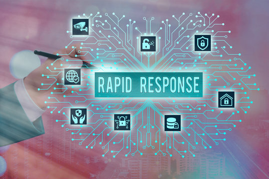 Writing note showing Rapid Response. Business concept for Medical emergency team Quick assistance during disaster
