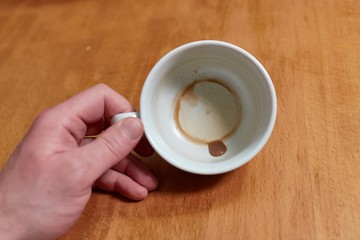 Looking inside an empty coffee cup with just leftover drops