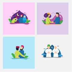 Set of Forgiving On Eid Al Fitr Day, Muslim Celebration Day Vector Illustration, Silaturahmi or Silaturahim Simple Design, Hari Raya Idul Fitri or Aidilfitri, sungkem, vector illustration.