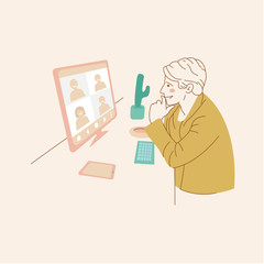 business people talk with colleagues about video conferencing plans. business teams use laptops for online meetings in video calls. A group of smart people working from home. vector.