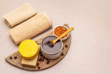 Spa concept. Self care with honey, coffee and turmeric. Natural organic cosmetics, homemade product, alternative lifestyle