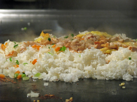 Japanese Chicken Fried Rice Cuisine Cooked on a Flat Iron Grill